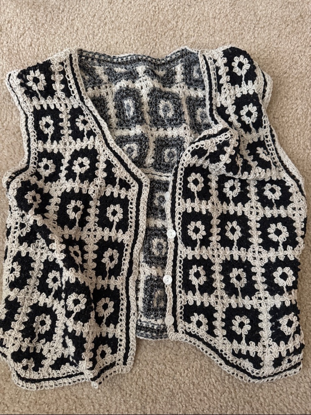 SHEIN Black and Cream Crochet Button Vest